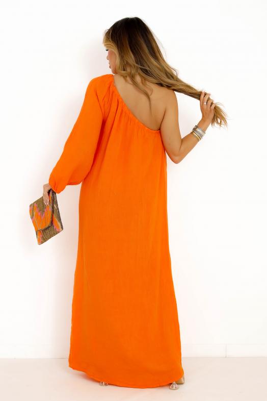 Robe en Lin Une Manche Orange 