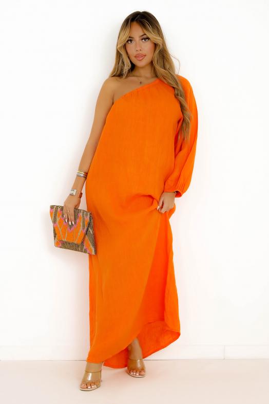 Robe en Lin Une Manche Orange