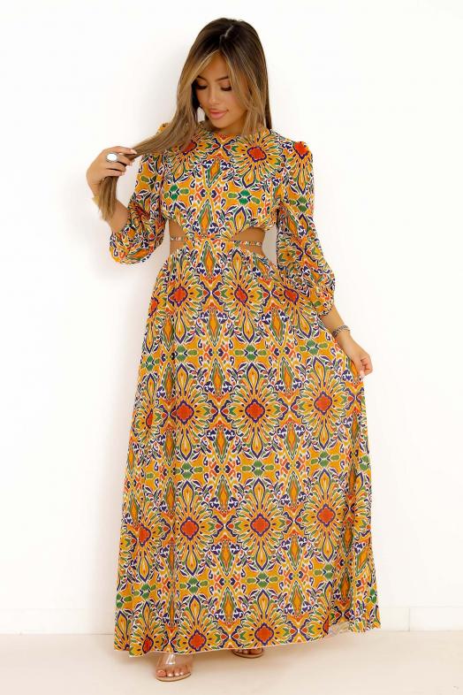 Robe Longue Imprimée à Laçage Orange 