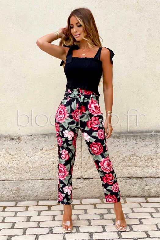 Pantalon Femme Fleuri Noir  Ref : 1562