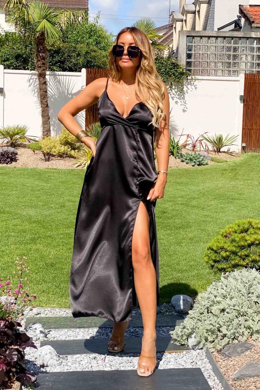 Robe Satin Femme Boutonn e Noir Blooshop
