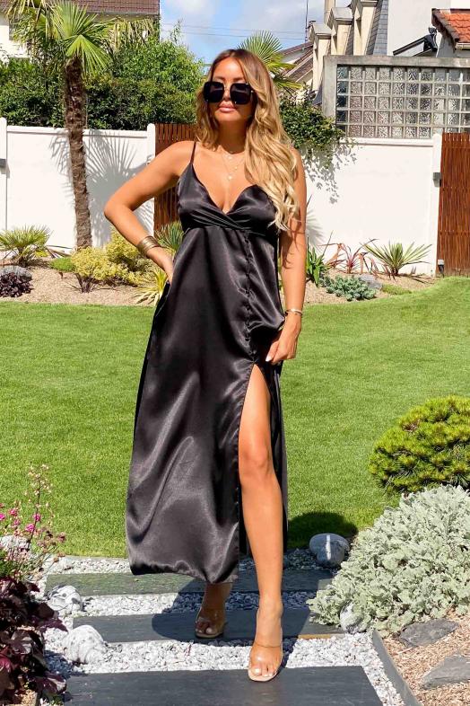 Robe Satin Femme Boutonnée Noir 