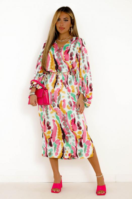 Robe Col V Imprimée Femme Rose 
