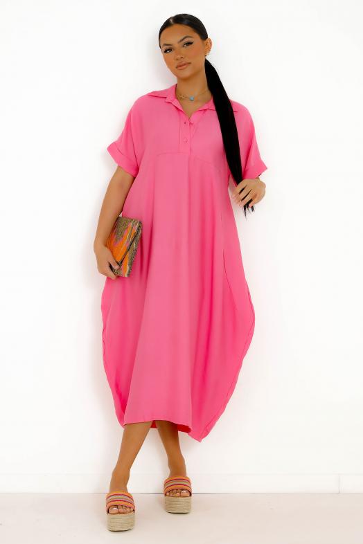 Robe Col Chemise Ample Femme Rose 