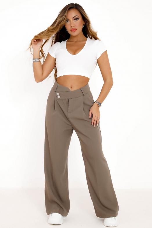 Pantalon Ample Ceinture Décalée Femme Taupe 