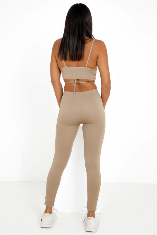 Ensemble Crop Top + Legging Femme Taupe 