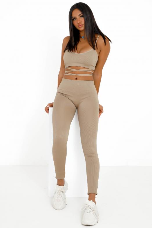 Ensemble Crop Top + Legging Femme Taupe 