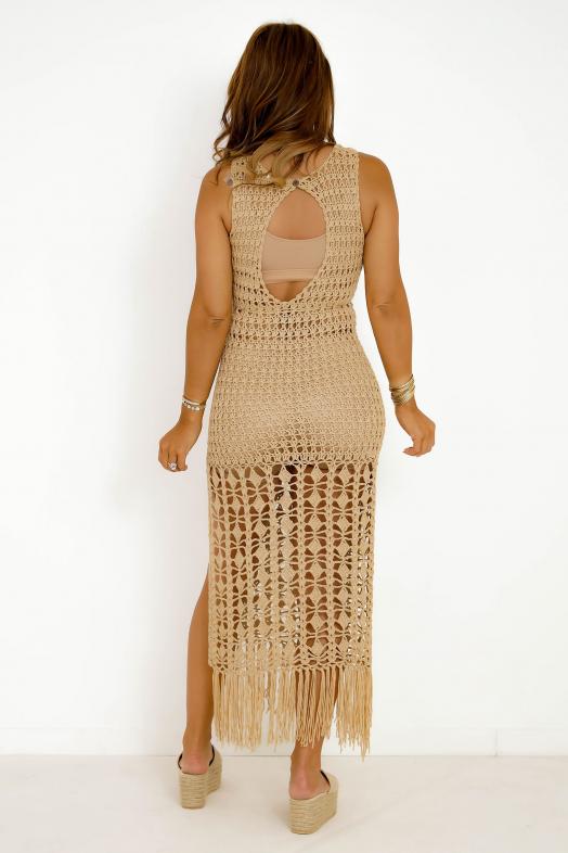 Robe Crochets Franges Femme Taupe 