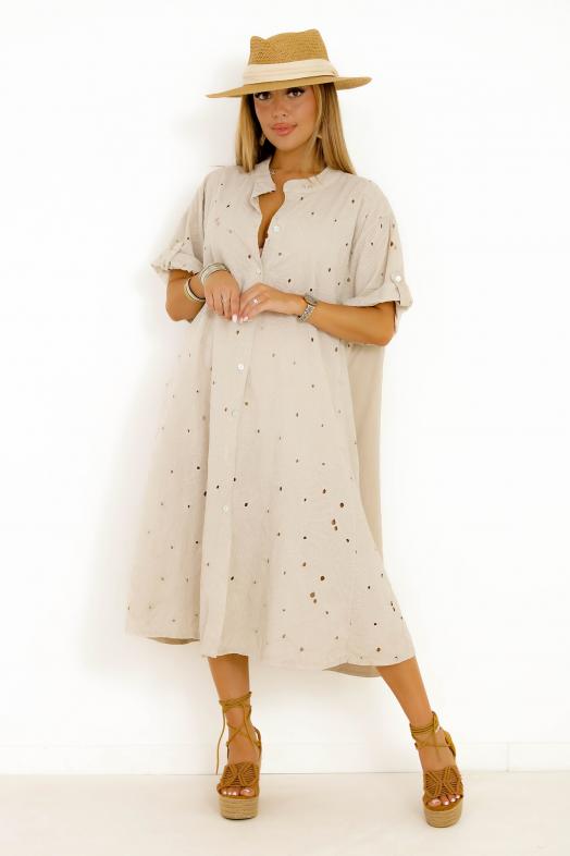 Robe Ample Macramée Boutonnée Taupe