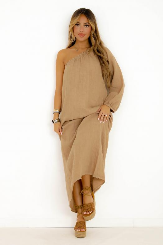 Robe en Lin Une Manche Taupe 