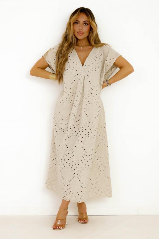 Robe Macramé Col V Taupe 