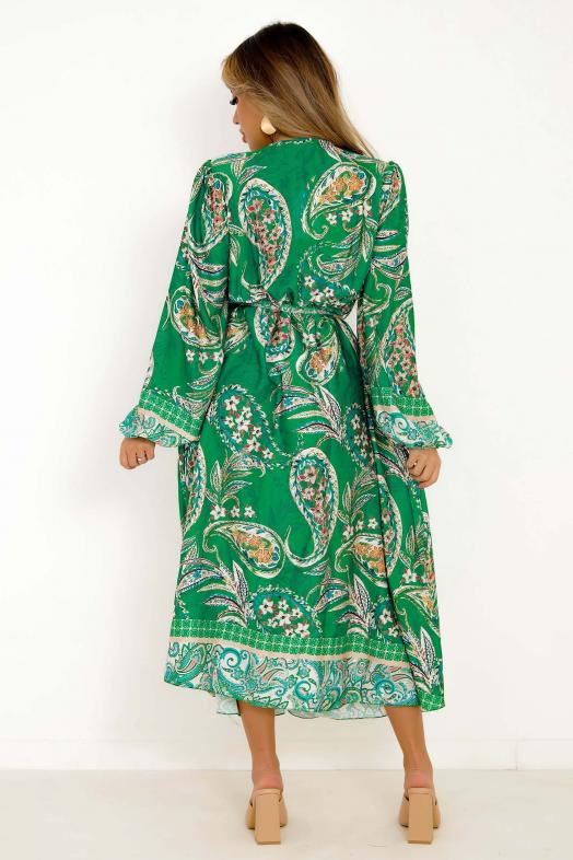 Robe Satinée Imprimée Femme Vert