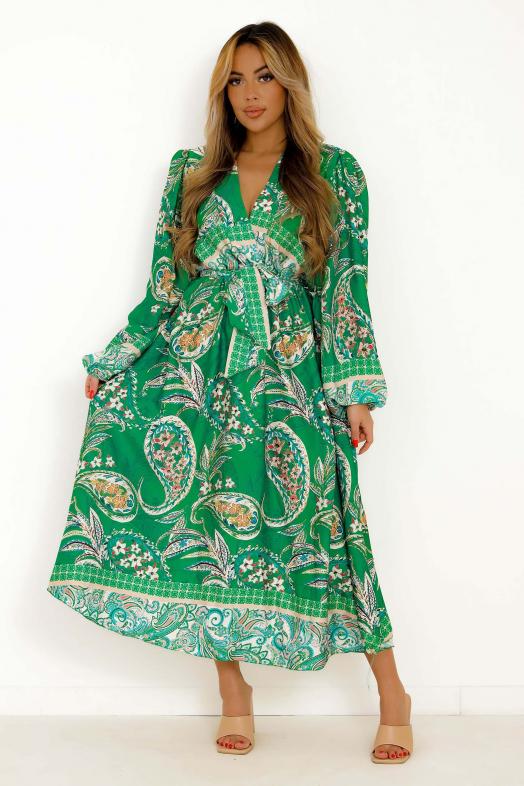 Robe Satinée Imprimée Femme Vert