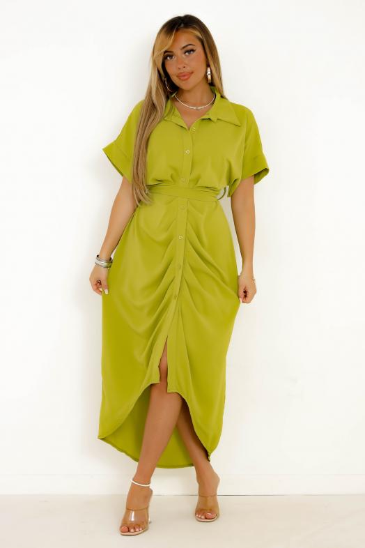 Robe Boutonnée Froncée Femme Vert 