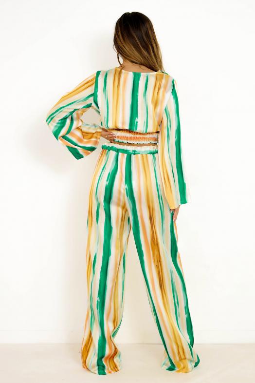 Ensemble Top + Pantalon à Rayures Femme Vert