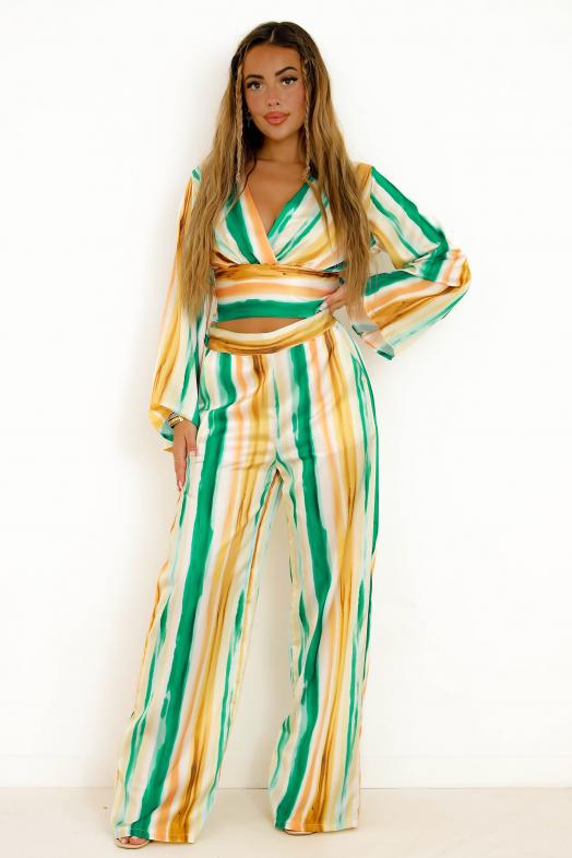 Ensemble Top + Pantalon à Rayures Femme Vert