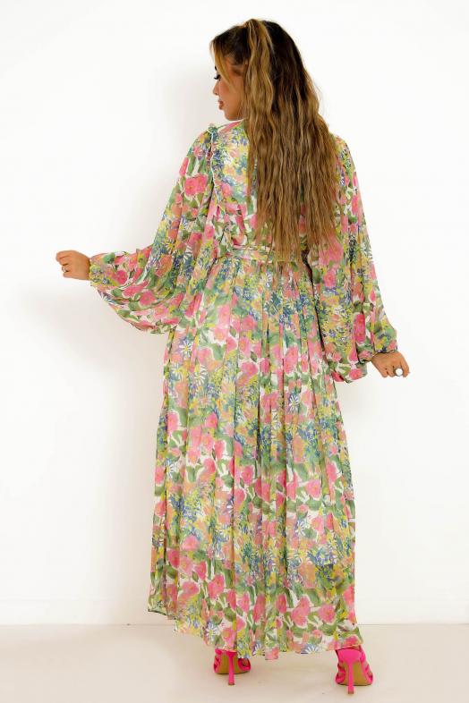 Robe Fleurie Manches Ballons Femme Vert 