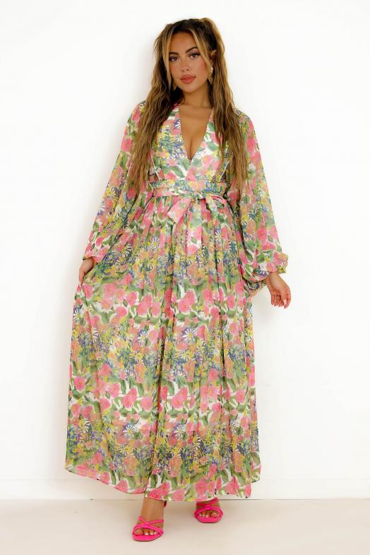 Robe Fleurie Manches Ballons Femme Vert 