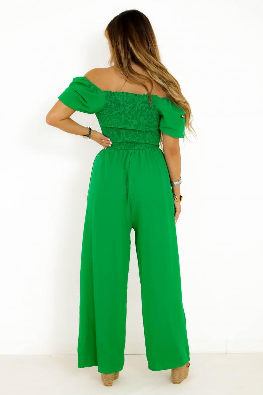 Combinaison Pantalon Smockée Manches Boules Femme Vert 