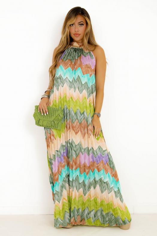 Robe Plissée à Imprimé Zig Zag Vert Olive 