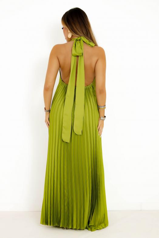 Robe Plissée Satinée Dos Nu Vert Olive 