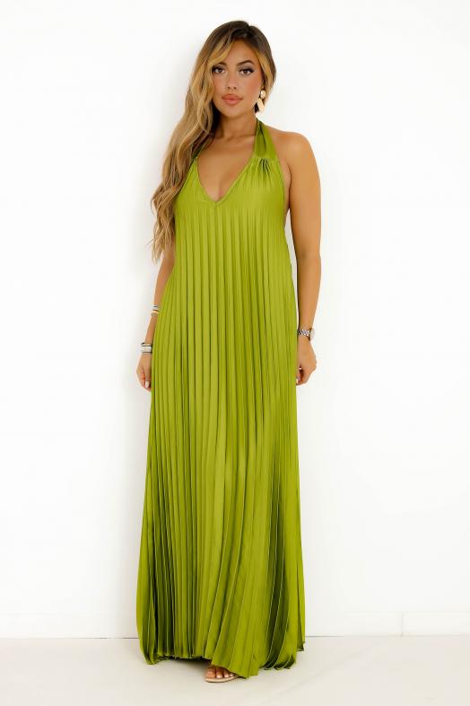Robe Plissée Satinée Dos Nu Vert Olive 