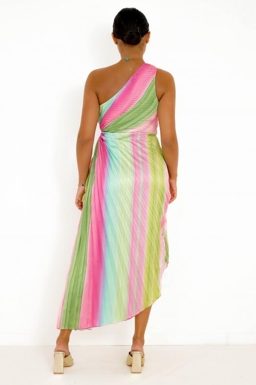 Robe Plissée Une Manche Vert Anis 