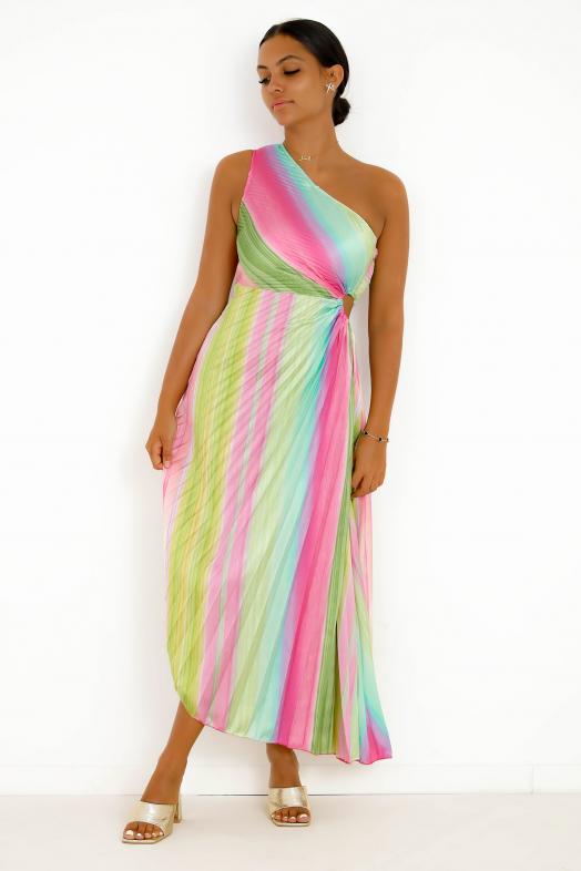 Robe Plissée Une Manche Vert Anis 