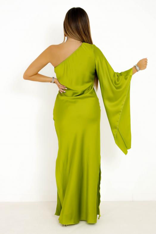 Robe Satin Une Manche Fendue Vert Olive