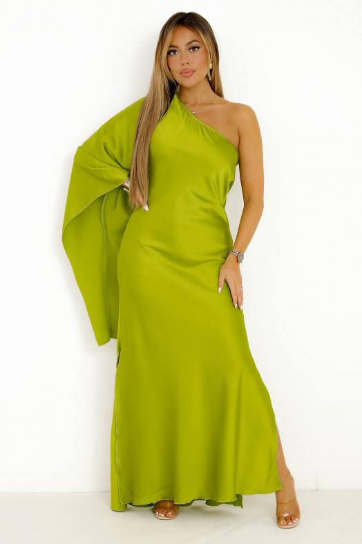 Robe Satin Une Manche Fendue Vert Olive