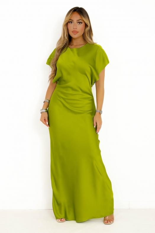 Robe Satin Manches Courtes Vert Olive 