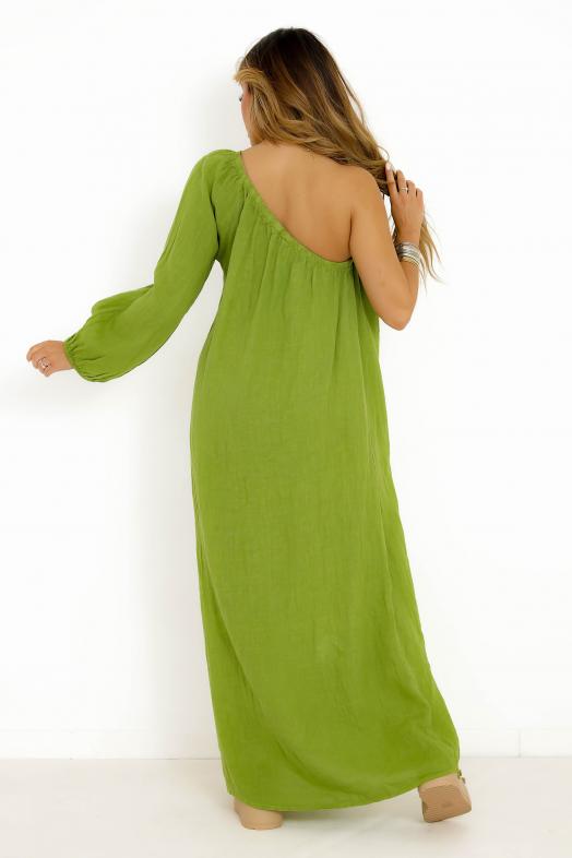 Robe en Lin Une Manche Vert 