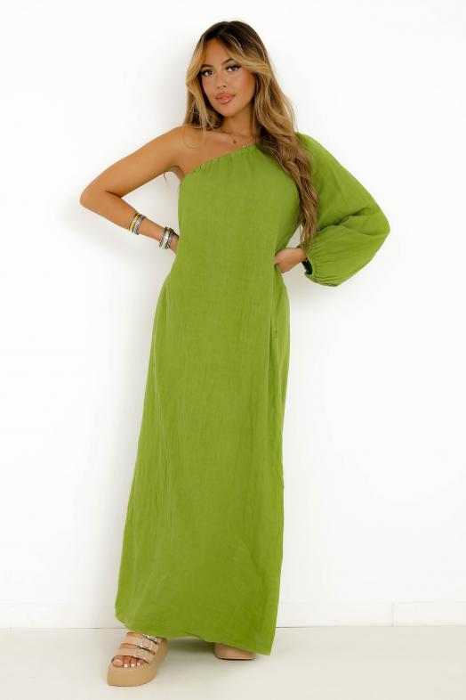 Robe en Lin Une Manche Vert 