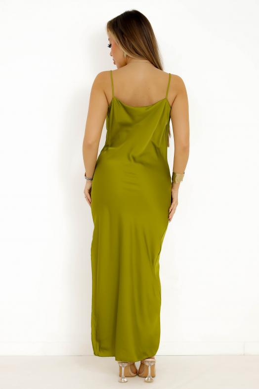 Robe Satin Fendue Vert Olive 