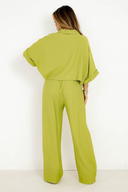 Ensemble Chemisier + Pantalon Ample Femme Vert Anis 