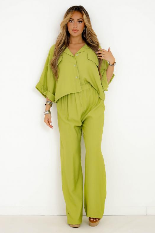 Ensemble Chemisier + Pantalon Ample Femme Vert Anis 