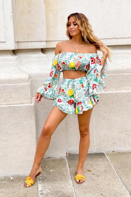 Ensemble Femme Top + Short Imprimé Vert Foncé