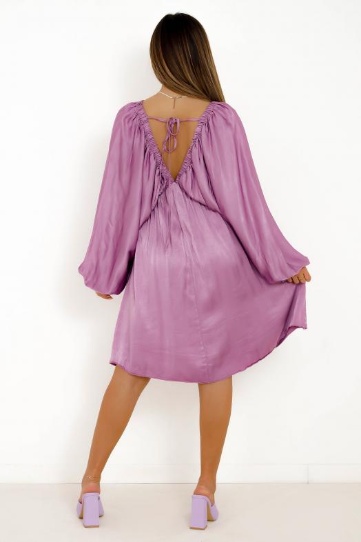 Robe Satin Manches Bouffantes Femme Violet