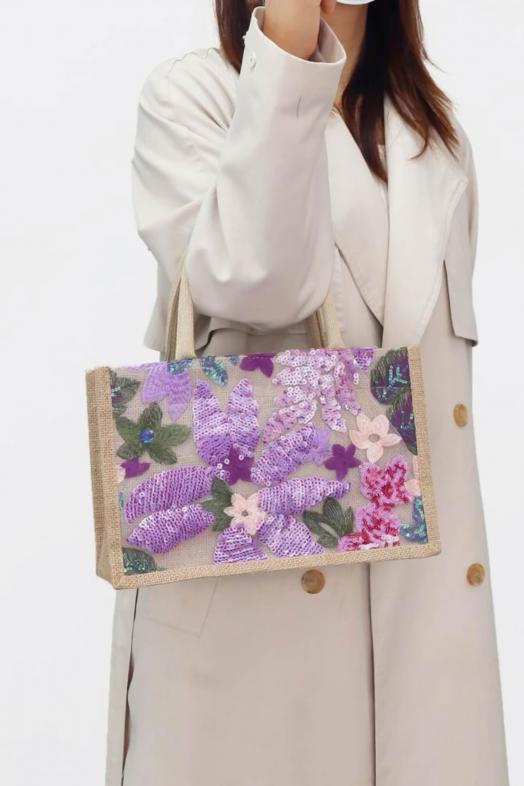 Sac Floral à Sequins Femme Violet 