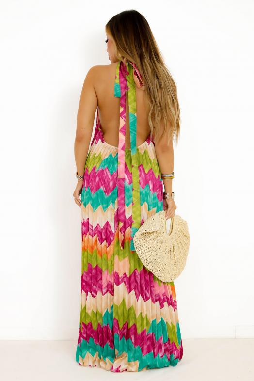Robe Plissée à Imprimé Zig Zag Fuchsia 