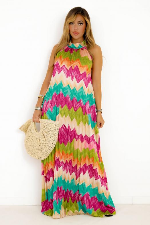 Robe Plissée à Imprimé Zig Zag Fuchsia 